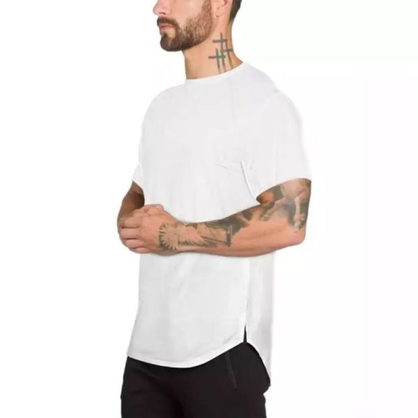 Cotton Gym T-Shirt Men Raglan Workout Fitness Plain Exercise Shirt Training Short Sleeve Tee - White
