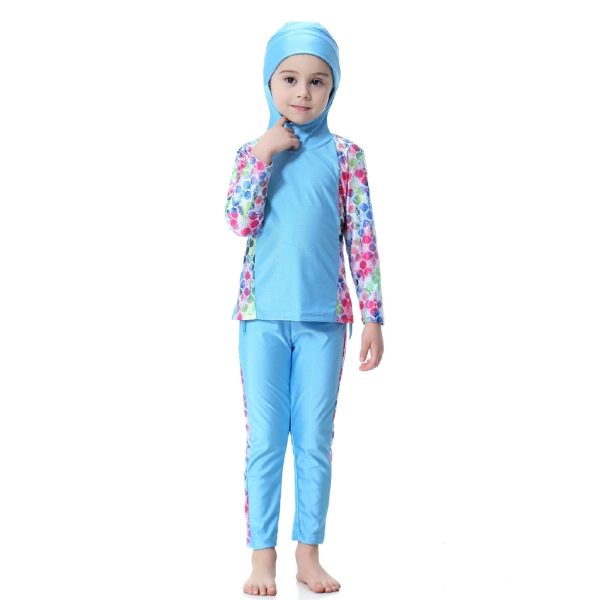 3-11Y Girl Swimming Suit Kids Swimsuit Baby Cute Long Sleeved Muslimah Swimwear - Blue