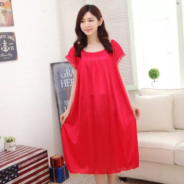 Women's Pyjamas Summer Ladies Sexy Lace Long Dress Sleepwear Robes Nightgown Nightwear Dress - Red