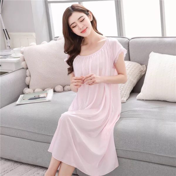 Women's Pyjamas Summer Ladies Sexy Lace Long Dress Sleepwear Robes Nightgown Nightwear Dress - Light Pink