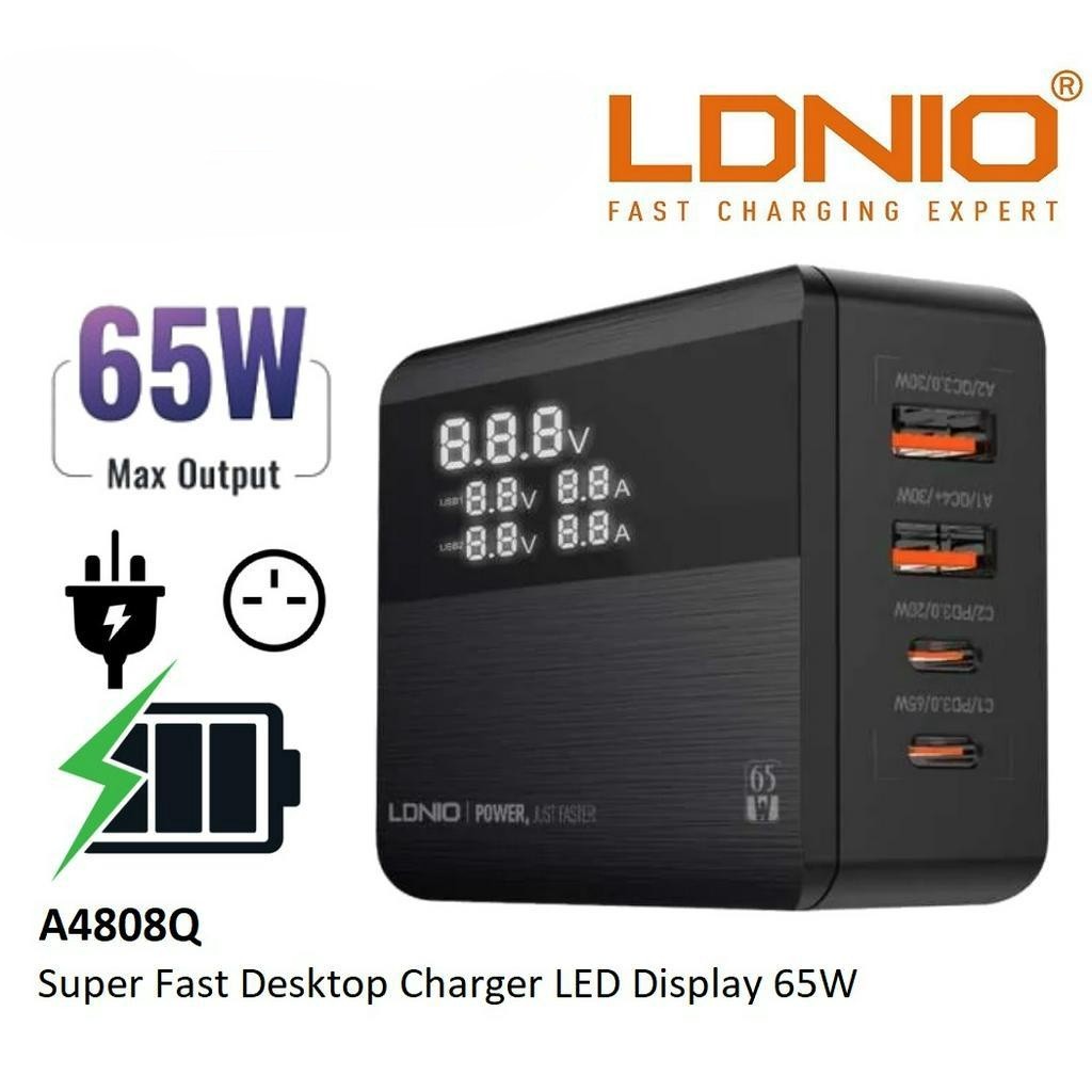 LDNIO A4808Q 65W LED Display Desktop Charger PD Super Fast Charging - Black - Image 1
