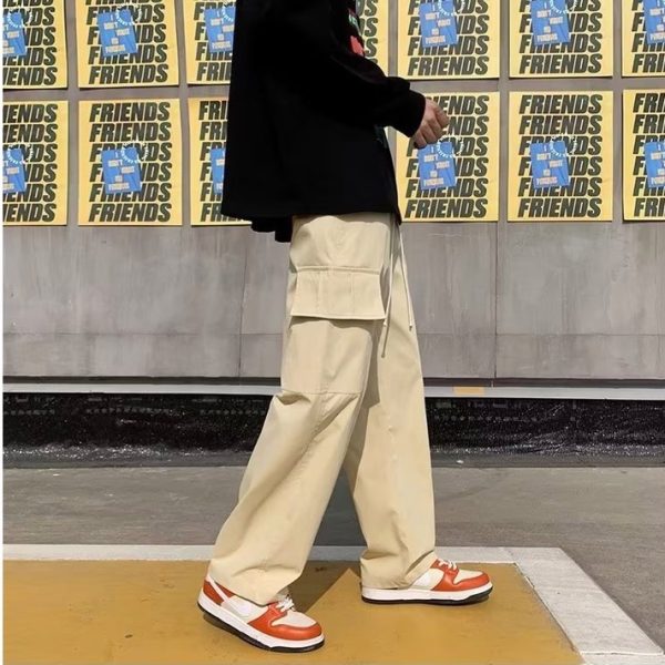 Summer Korean Style Many Pocket Cargo Pants Men Trend Loose Straight Casual Trousers - Khaki