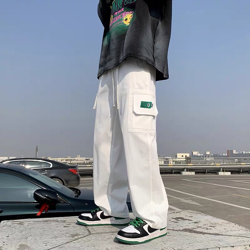 Summer Korean Style Many Pocket Cargo Pants Men Trend Loose Straight Casual Trousers - White - Image 4