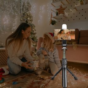 Wireless Bluetooth Selfie Stick With Fill Light Handheld Monopod Shutter Foldable Tripod stabilizer Stand live Streaming Phone Holder - Black - Image 6