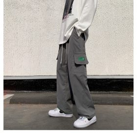 Summer Korean Style Many Pocket Cargo Pants Men Trend Loose Straight Casual Trousers - Dark Grey - Image 4