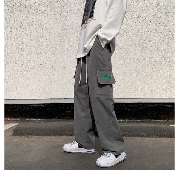 Summer Korean Style Many Pocket Cargo Pants Men Trend Loose Straight Casual Trousers - Dark Grey