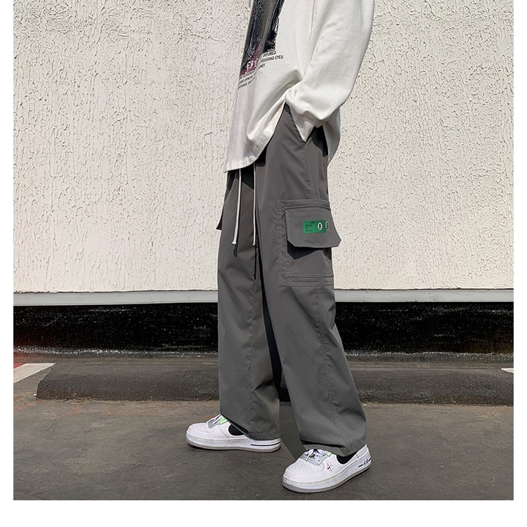 Summer Korean Style Many Pocket Cargo Pants Men Trend Loose Straight Casual Trousers - Dark Grey - Image 4