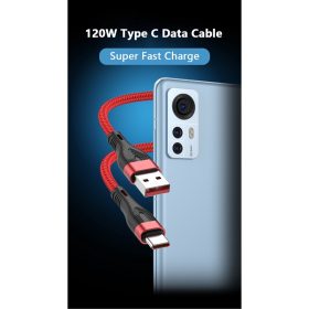 120W 6A Super Fast Charging iPhone Cable For Huawei P50 P40 Pro Phone Nylon Data Cord 1M 2M - Black - Image 3