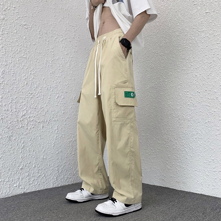 Summer Korean Style Many Pocket Cargo Pants Men Trend Loose Straight Casual Trousers - Khaki - Image 6