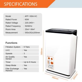 HETCH Air Purifier UV Light System APF-1804-HC 5-Tiers Filtration/Ionizer/Air Quality Indicator - Image 6