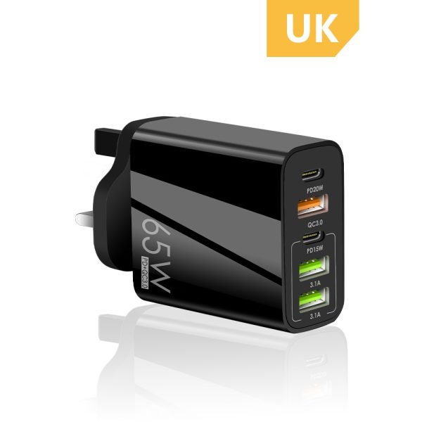65W USB Charger Fast Charge QC 3.0 PD 3.0 Wall Charging 5 Port UK EU Plug Adapter Travel - Black