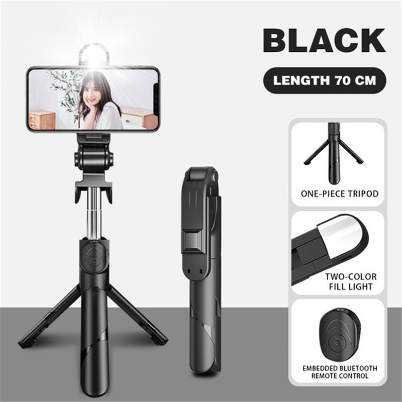 Wireless Bluetooth Selfie Stick With Fill Light Handheld Monopod Shutter Foldable Tripod stabilizer Stand live Streaming Phone Holder - Black - Image 1