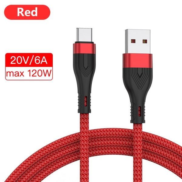 120W 6A Super Fast Charging iPhone Cable For Huawei P50 P40 Pro Phone Nylon Data Cord 1M 2M - Red