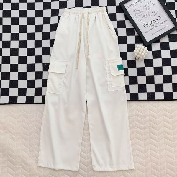 Summer Korean Style Many Pocket Cargo Pants Men Trend Loose Straight Casual Trousers - White
