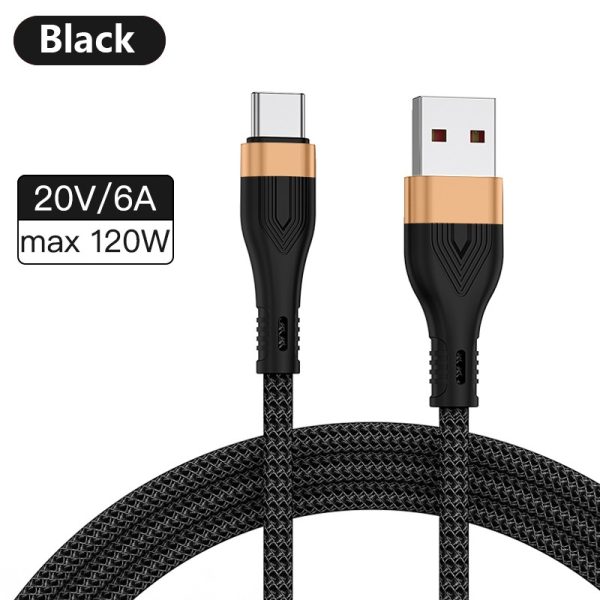 120W 6A Super Fast Charging iPhone Cable For Huawei P50 P40 Pro Phone Nylon Data Cord 1M 2M - Black