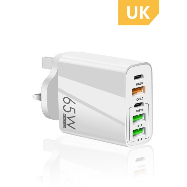 65W USB Charger Fast Charge QC 3.0 PD 3.0 Wall Charging 5 Port UK EU Plug Adapter Travel - White