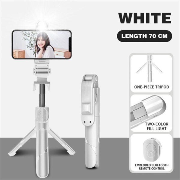Wireless Bluetooth Selfie Stick With Fill Light Handheld Monopod Shutter Foldable Tripod stabilizer Stand live Streaming Phone Holder - White
