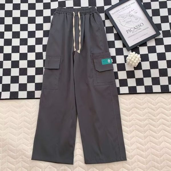 Summer Korean Style Many Pocket Cargo Pants Men Trend Loose Straight Casual Trousers - Dark Grey