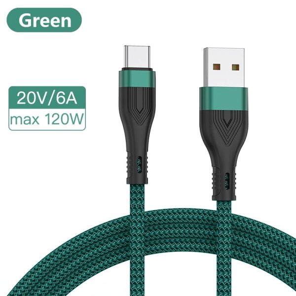 120W 6A Super Fast Charging iPhone Cable For Huawei P50 P40 Pro Phone Nylon Data Cord 1M 2M - Green