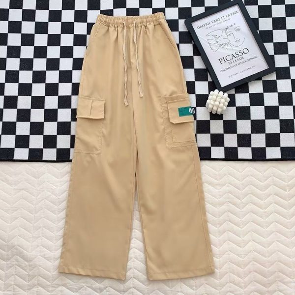 Summer Korean Style Many Pocket Cargo Pants Men Trend Loose Straight Casual Trousers - Khaki