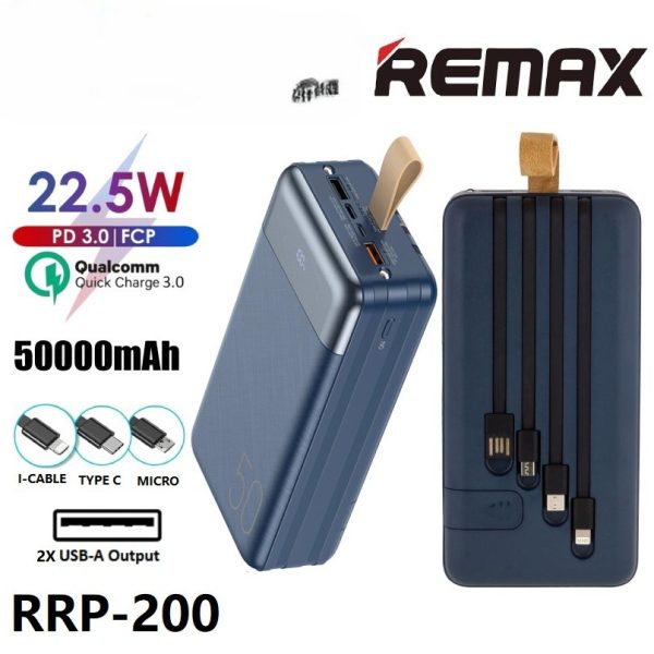 REMAX RRP-200 Hunergy Series 50000MAH Powerbank 22.5W + PD with built-in cable fast charge powerbank- Blue