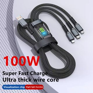 100W 3 in 1 Super Charging Cable 6A Micro USB Type C Fast Charger Type-C Cable Data Cable For Samsung - Grey