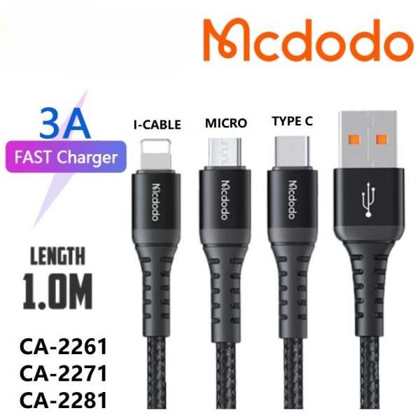 MCDODO CA-2261 Type i-Cable 3A Fast Charge 1 Meter Nylon Braided - Black