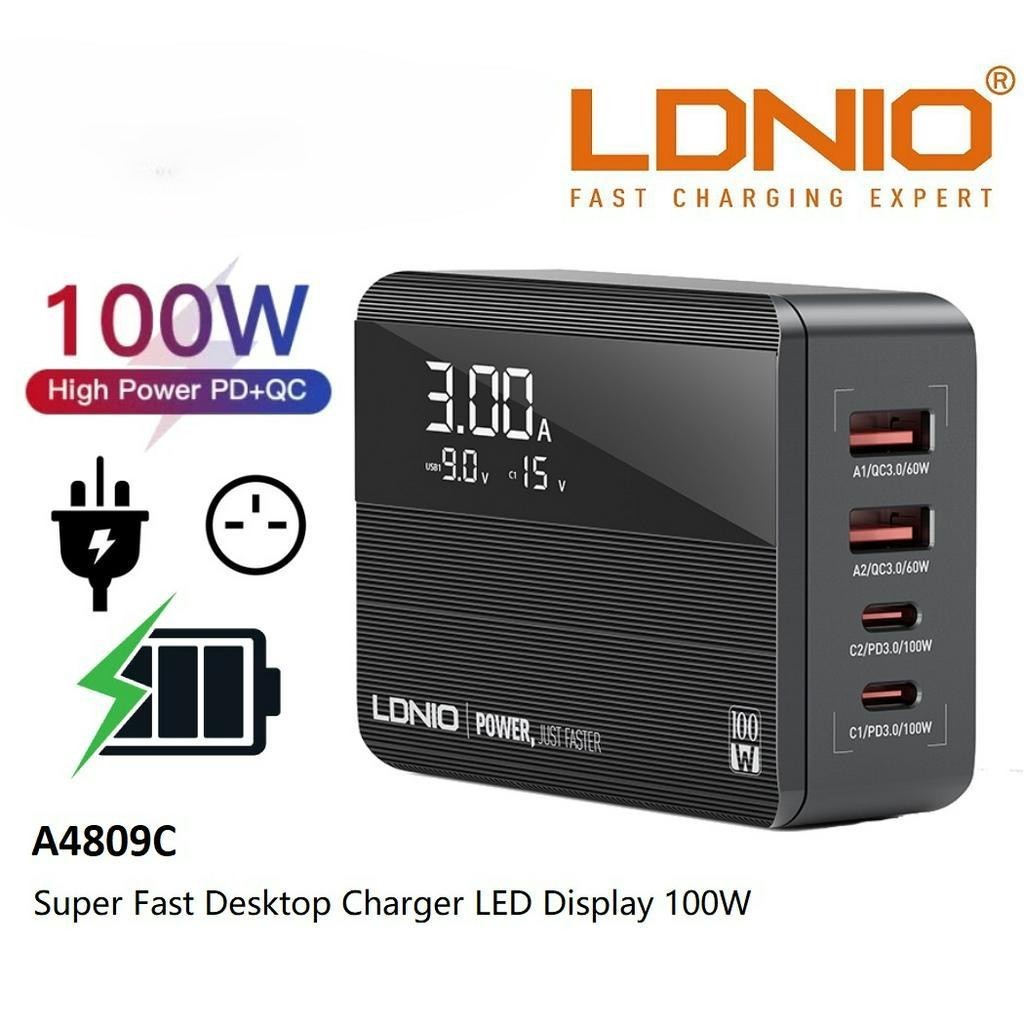 LDNIO A4809C 100W LED Display Desktop Charger PD Super Fast Charging - Black - Image 1
