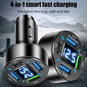 3USB+PD Digital Display Car Charging Support Super Fast Charging Car Charging One Tow Four QC3.0 Car Charging - Black - Image 6
