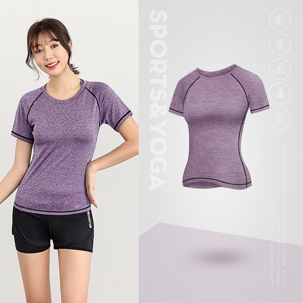 Women Yoga T-Shirt Fitness Sports Slim Clothes Mesh Sportswear Gym Tops Quick Dry (SS 001) - Purple