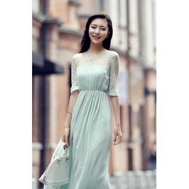 Korean Style Women Fashion Upper Lace Chiffon Ladies Summer Long Dress