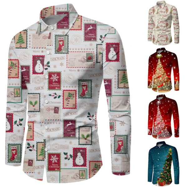 Casual Men's Button Down Dress Up Long Sleeve Top T Shirt Blouse Christmas Party - ZC-24152