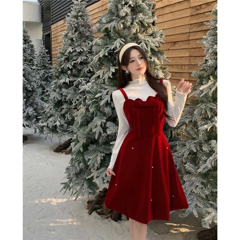Christmas dress korean style dress Large French Velvet suspender dress for women in autumn and winter with a high-end feel - Red