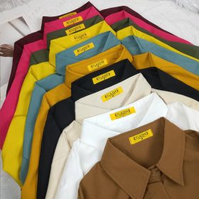 Women Shirt Blouse Solid Color Single Pocket Long Sleeve Loose - Rose Red - Image 3