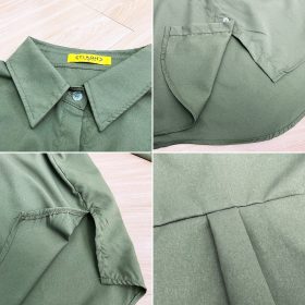 Women Shirt Blouse Solid Color Single Pocket Long Sleeve Loose - Rose Red - Image 4