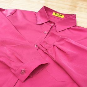 Women Shirt Blouse Solid Color Single Pocket Long Sleeve Loose - Rose Red - Image 6