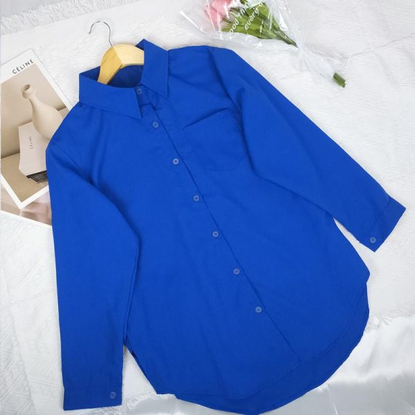 Women Shirt Blouse Solid Color Single Pocket Long Sleeve Loose - Dark Blue
