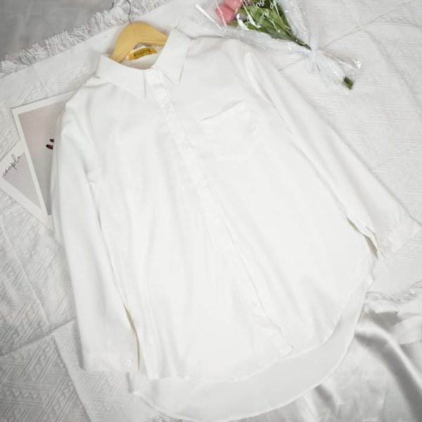 Women Shirt Blouse Solid Color Single Pocket Long Sleeve Loose - White