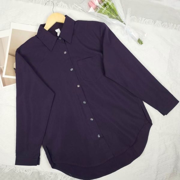 Women Shirt Blouse Solid Color Single Pocket Long Sleeve Loose - Deep Purple