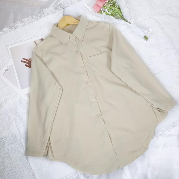 Women Shirt Blouse Solid Color Single Pocket Long Sleeve Loose - Khaki