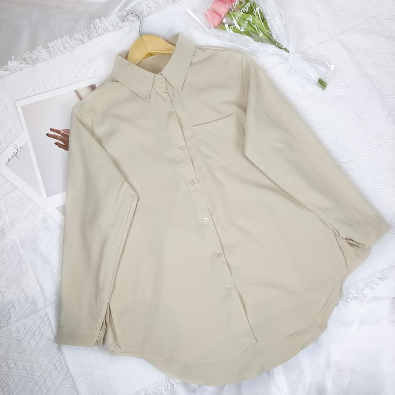 Women Shirt Blouse Solid Color Single Pocket Long Sleeve Loose - Khaki - Image 1