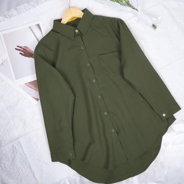 Women Shirt Blouse Solid Color Single Pocket Long Sleeve Loose - Military Green