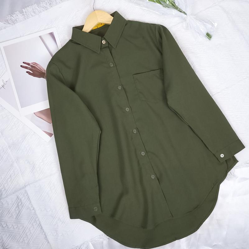 Women Shirt Blouse Solid Color Single Pocket Long Sleeve Loose - Military Green - Image 1
