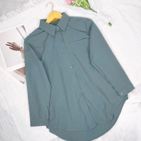 Women Shirt Blouse Solid Color Single Pocket Long Sleeve Loose - Black Green