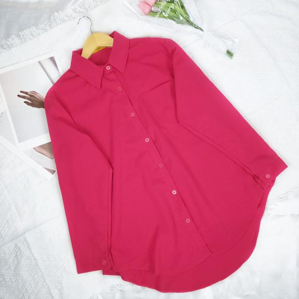 Women Shirt Blouse Solid Color Single Pocket Long Sleeve Loose - Rose Red