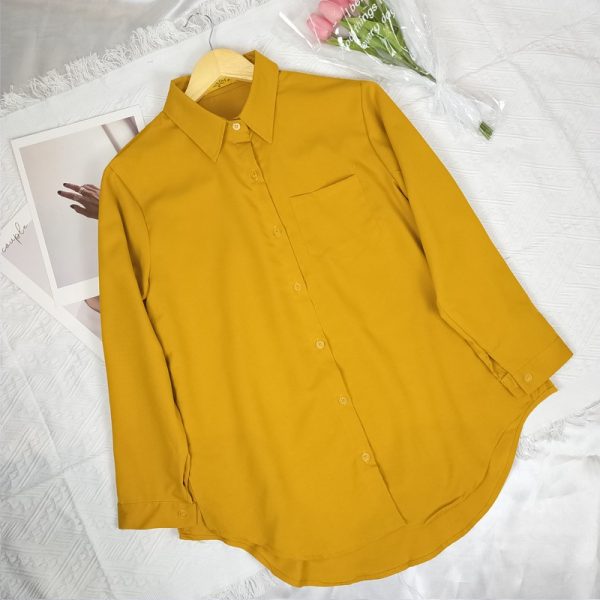 Women Shirt Blouse Solid Color Single Pocket Long Sleeve Loose - Mustard Yellow