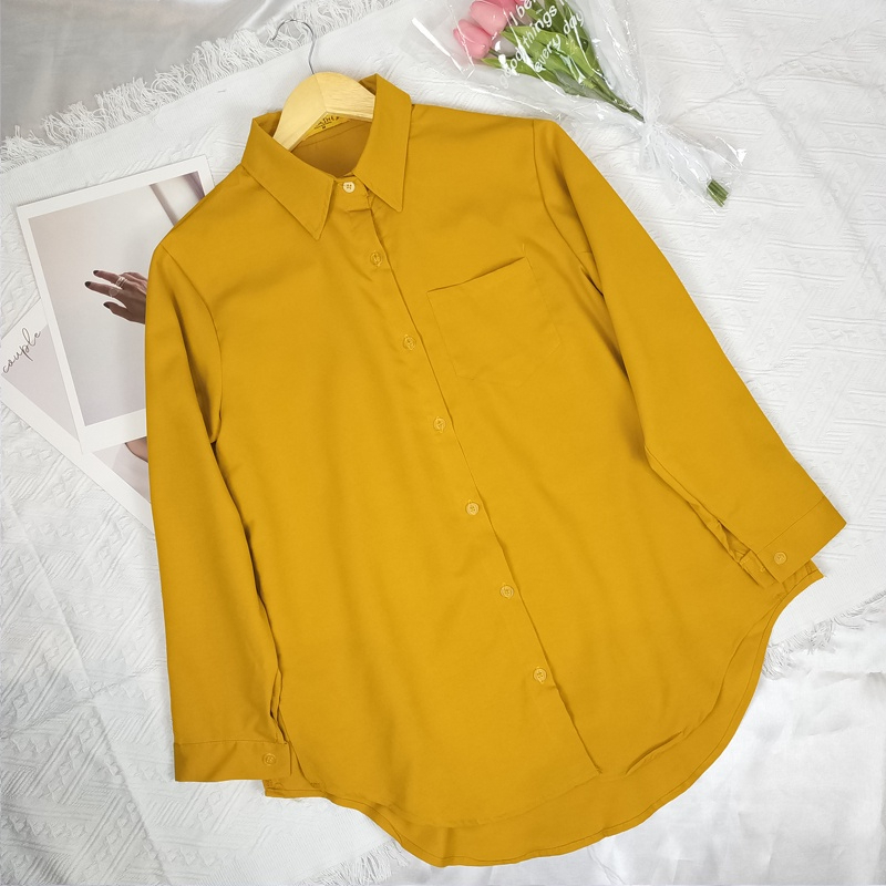 Women Shirt Blouse Solid Color Single Pocket Long Sleeve Loose - Mustard Yellow - Image 1