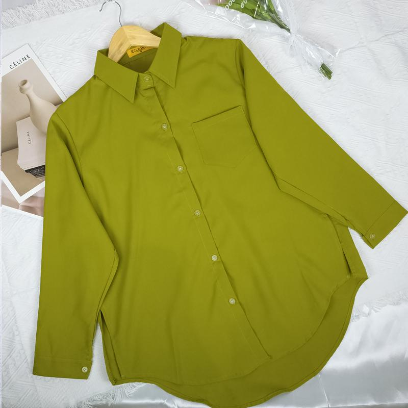 Women Shirt Blouse Solid Color Single Pocket Long Sleeve Loose - Grass Green - Image 1