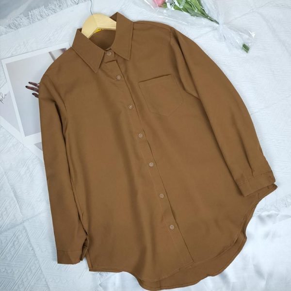 Women Shirt Blouse Solid Color Single Pocket Long Sleeve Loose - Brown