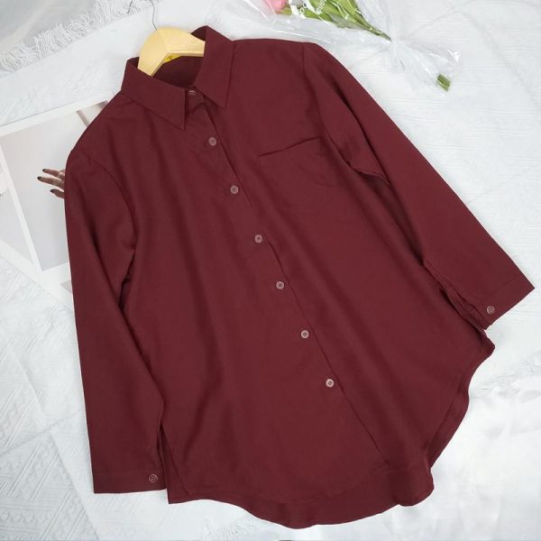 Women Shirt Blouse Solid Color Single Pocket Long Sleeve Loose - Wine Red